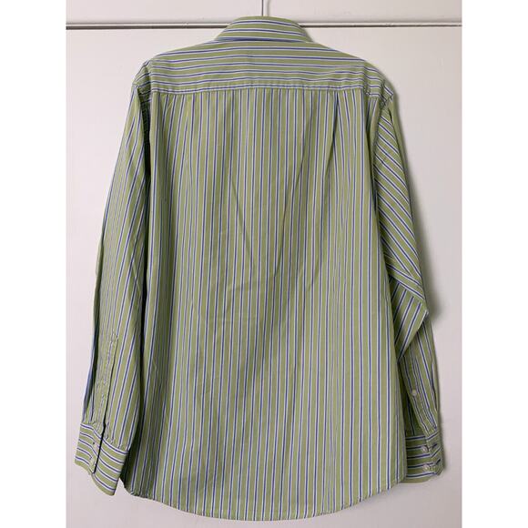 BLACK BROWN 1826 FLIP CUFF COTTON SHIRT AVOCADO GREEN BLUE STRIPE SIZE L - Picture 3 of 10